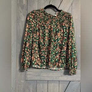 J. Crew Green Floral Smocked-Neck Long-Sleeve Blouse